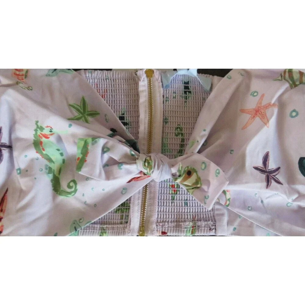 Hill House Women's The Isabella Top Sea Creatures Tie Front Smocked Back Size M